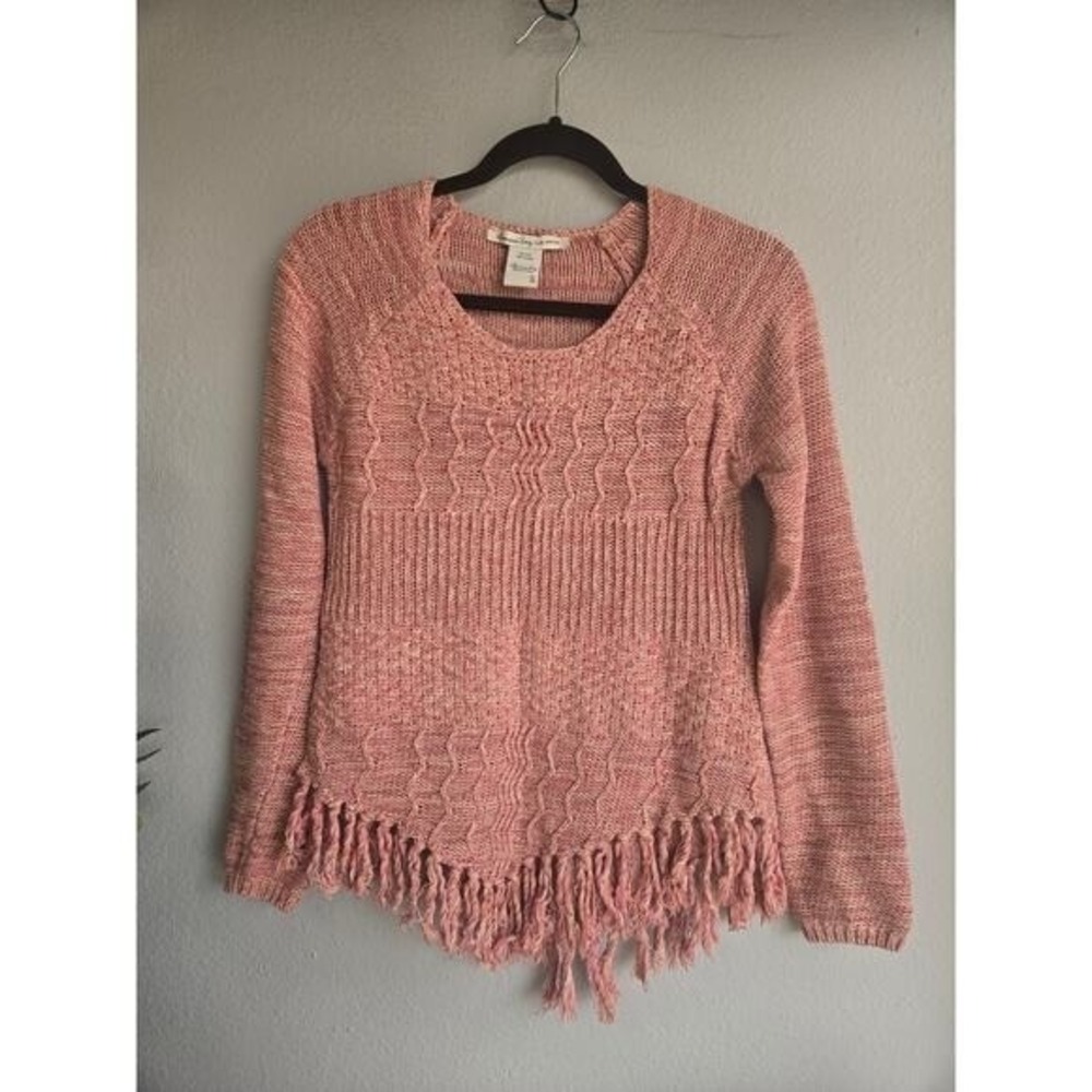 American Rag Boho Fringe Textured Knit Long Sleeve Sweater Rose Pink Small